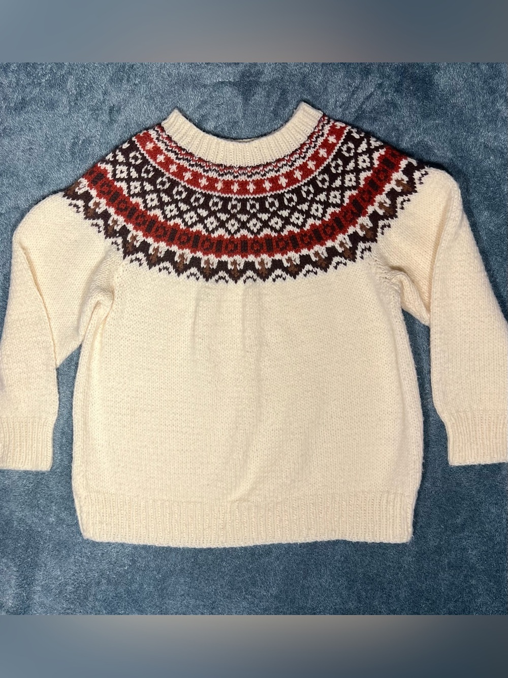 Source Unknown Cream Nordic Yoke Sweater with Red & Brown Fair Isle